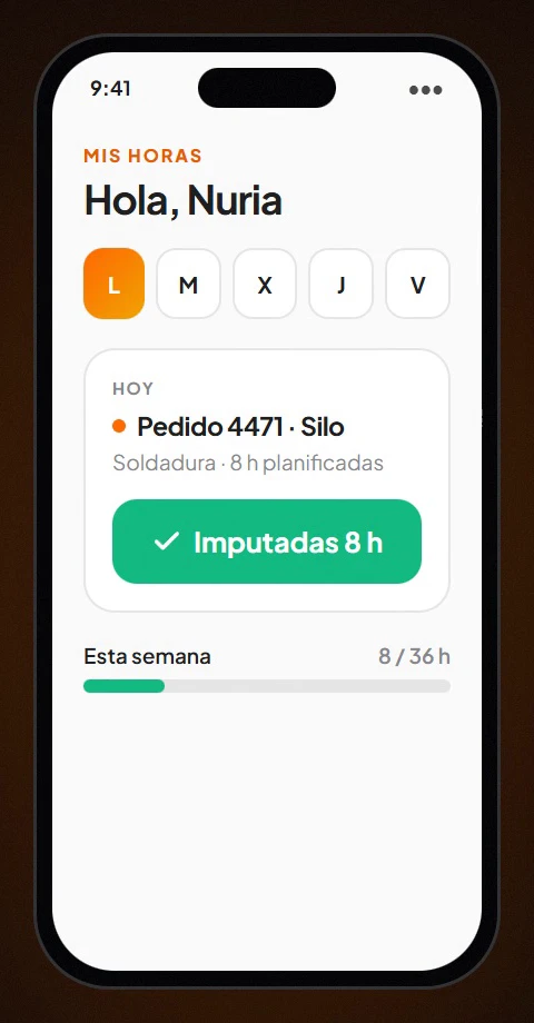 App Mis horas en el móvil: Pedido 4471, 8 h imputadas