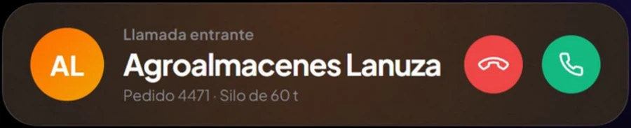 Llamada entrante de Agroalmacenes Lanuza, pedido 4471